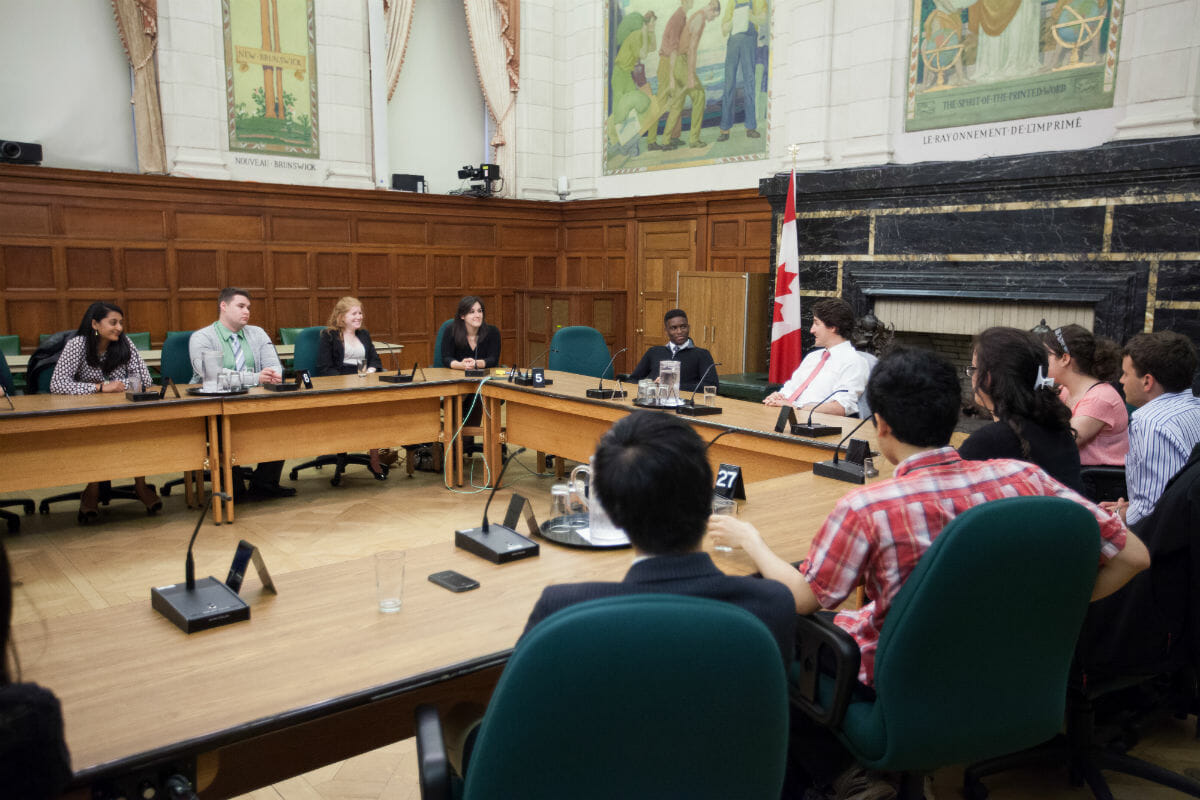 Justin speaks with the Parliamentary pages in Ottawa. May 27, 2014.