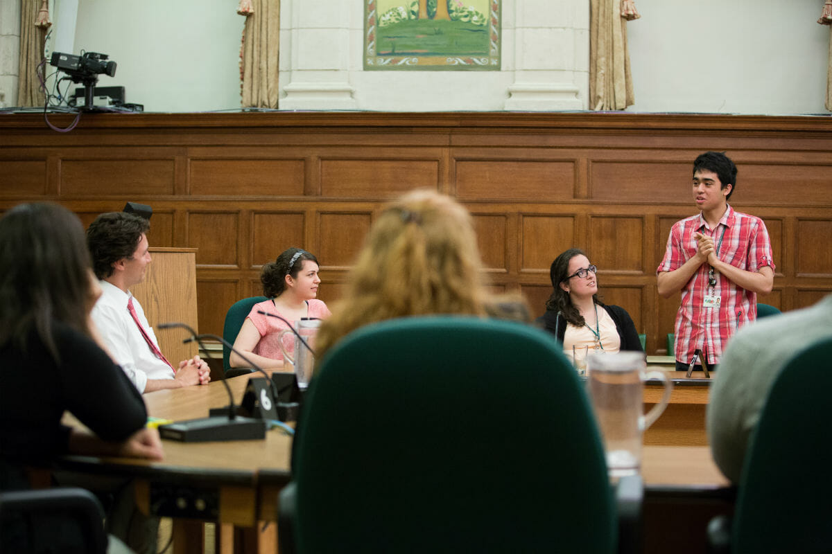 Justin speaks with the Paliamentary pages in Ottawa. May 27, 2014.