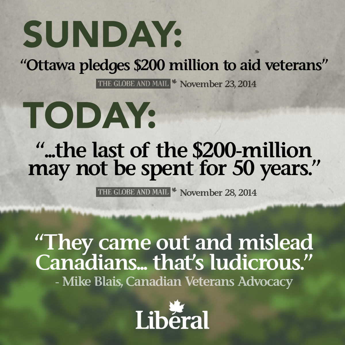 Sunday: "Ottawa pledges $200 million to aid veterans. " - The Globe and Mail, November 23, 2014. Today: "...the last of the $200-million may not be spent for fifty years." - The Globe and Mail, November 28, 2014.  "They came out and mislead Canadians... That's ludicrous." Mike Blais, Canadian Veterans Advocacy