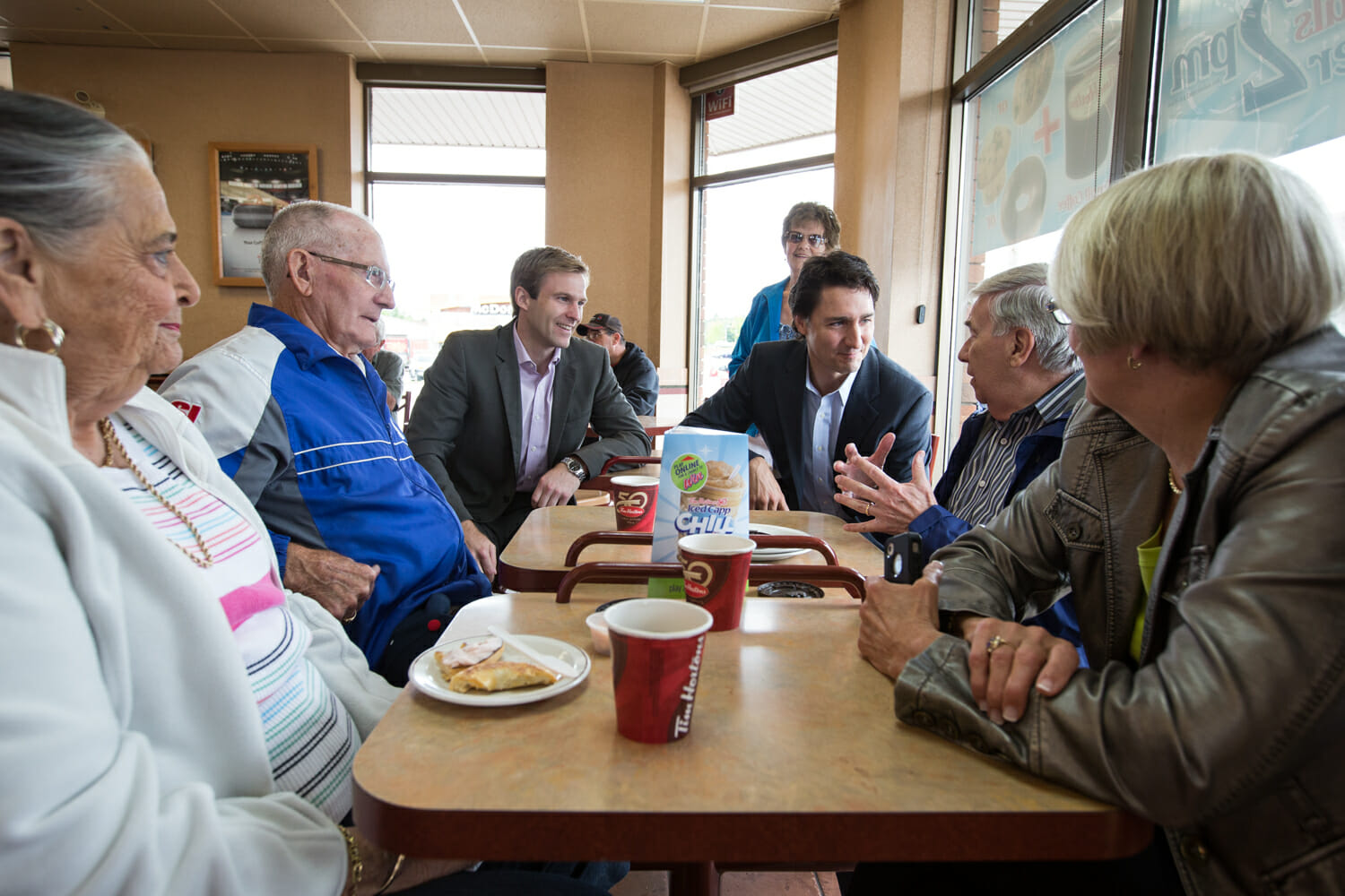 Justin, Brian Gallant and Liberal MP Dominic LeBlanc meet Quispamis residents at Tim Hortons. June 13, 2014.