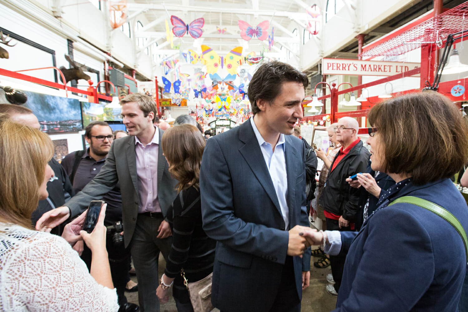 Justin, Brian Gallant and Dominic LeBlanc meet Saint John residents at the market. June 13, 2014.