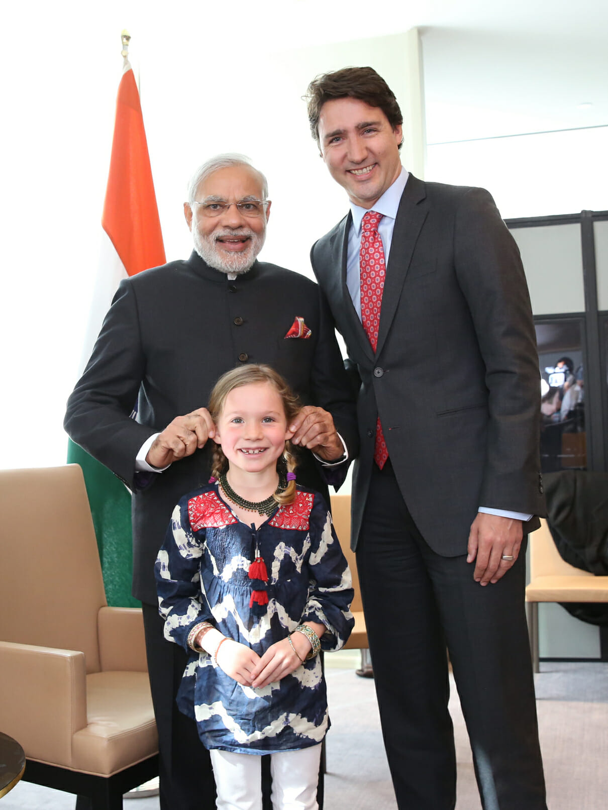 Indian Prime Minister Narendra Modi meets with Justin Trudeau and his daughter Ella-Grace