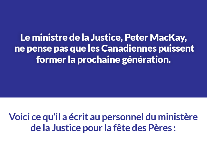 Le ministre de la Justice, Peter MacKay, ne pense pas que les Canadiennes puissent former la prochaine génération.