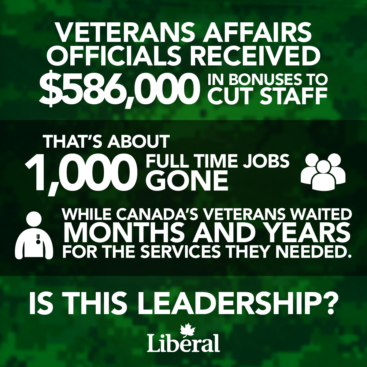 Veterans Affairs officials received $586,000 in bonuses to cut staff. That’s about 1000 full time jobs gone. While Canada’s Veterans waited months and years for the services they needed. Is this Leadership?