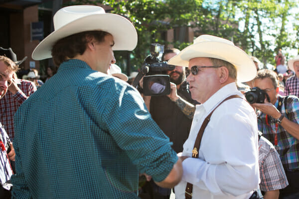 Justin Trudeau meets William Shatner at the start of the 2014 Calgary Stampede parade. July 4, 2014.