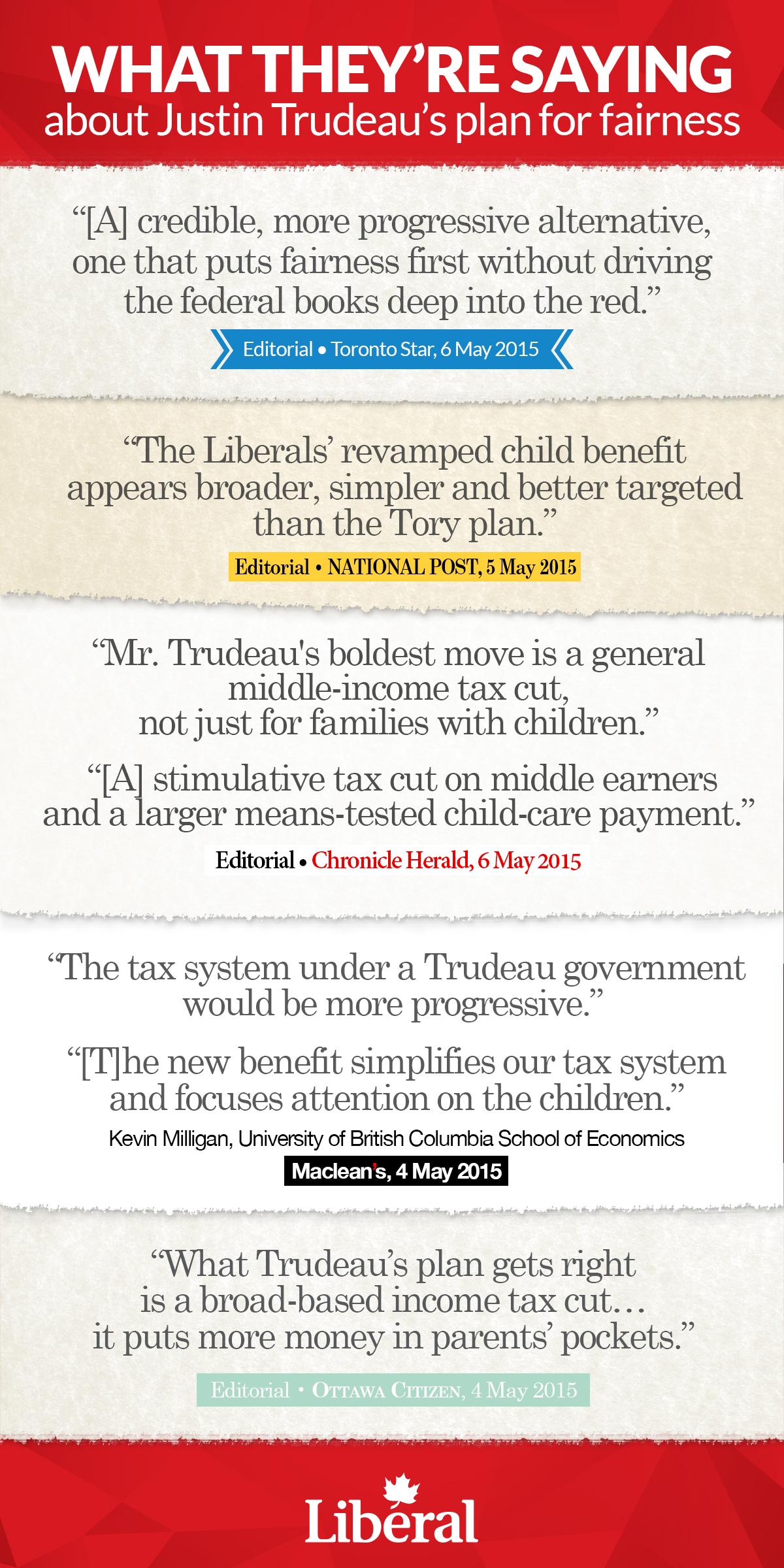 What they're saying about Justin Trudeau's plan for fairness  “[A] credible, more progressive alternative, one that puts fairness first without driving the federal books deep into the red.” Editorial Toronto Star, 6 May 2015  “Mr. Trudeau's boldest move is a general middle-income tax cut, not just for families with children.”  “[A] stimulative tax cut on middle earners and a larger means-tested child-care payment.” Editorial Chronicle Herald, 6 May 2015  “The Liberals’ revamped child benefit appears broader, simpler and better targeted than the Tory plan.” Editorial National Post, 5 May 2015 “The tax system under a Trudeau government would be more progressive.”   “[T]he new benefit simplifies our tax system and focuses attention on the children.” Kevin Milligan, University of British Columbia School of Economics Maclean’s, 4 May 2015