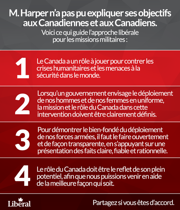 M. Harper n’a pas pu expliquer ses objectifs aux Canadiennes et aux Canadiens. Voici ce qui guide l’approche libérale pour les missions militaires :